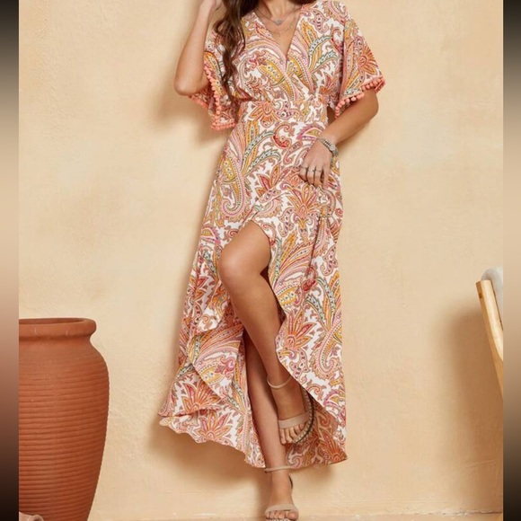 KAREN KANE Boho Floral Paisley Print Side Pockets Tiered Midi Skirt